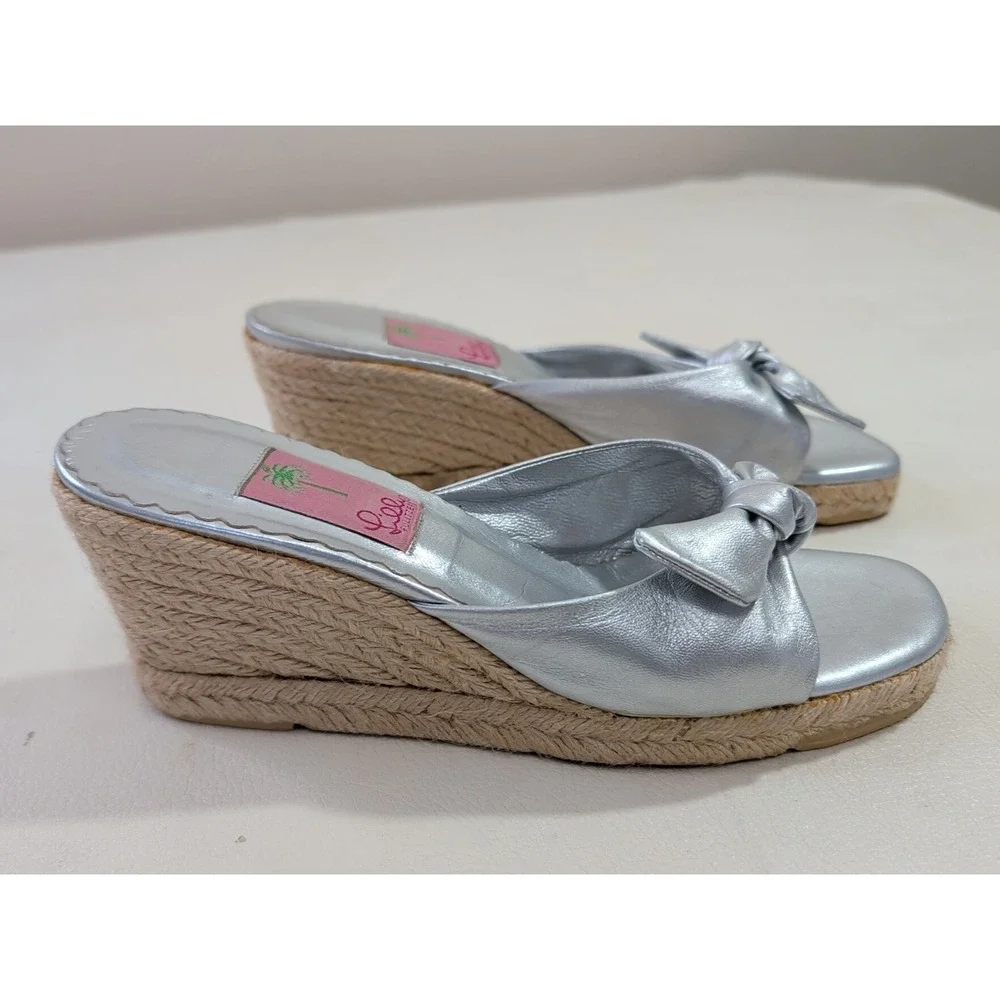 Lilly Pulitzer Wedge‎ Sandal Womens 9 Silver Espadrille Preppy Feminine Resort